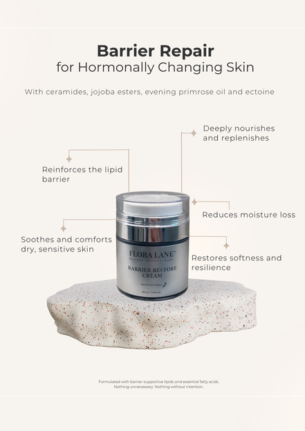 Flora Lane Barrier Restore Cream jar — fragrance-free moisturiser for menopausal skin