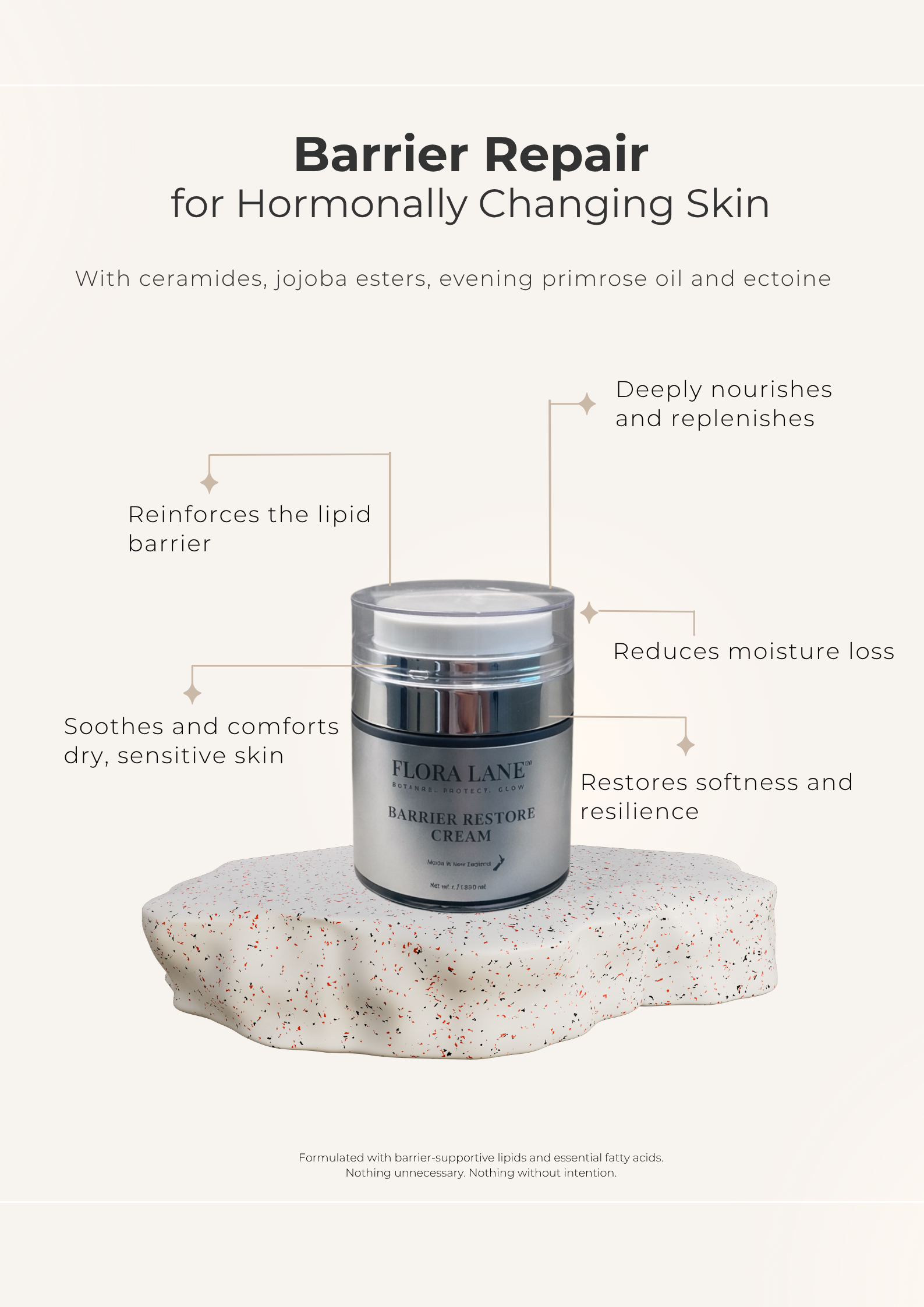 Flora Lane Barrier Restore Cream jar — fragrance-free moisturiser for menopausal skin