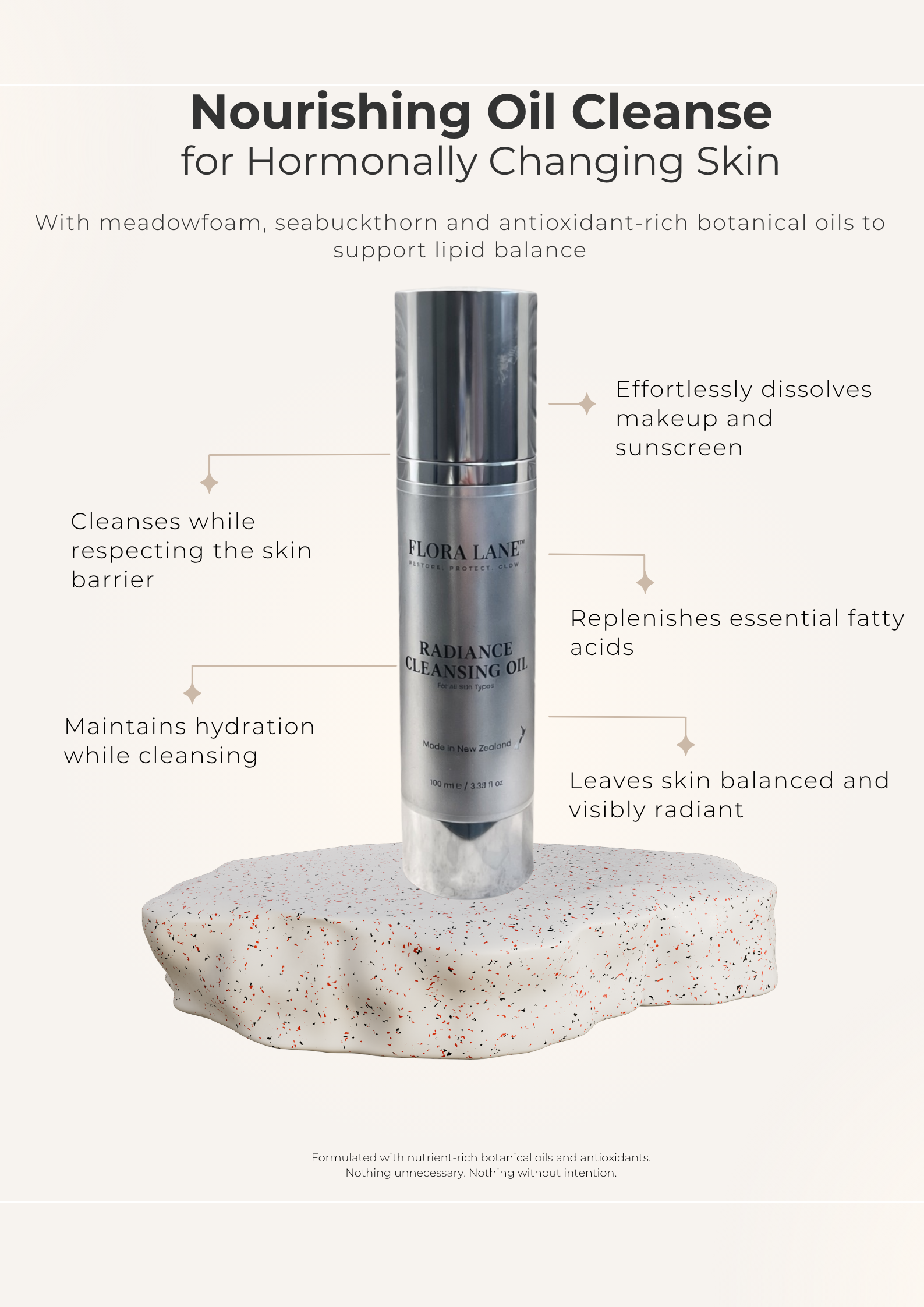 Flora Lane Radiance Cleansing Oil bottle — non-stripping cleanser for sensitive hormonal skin